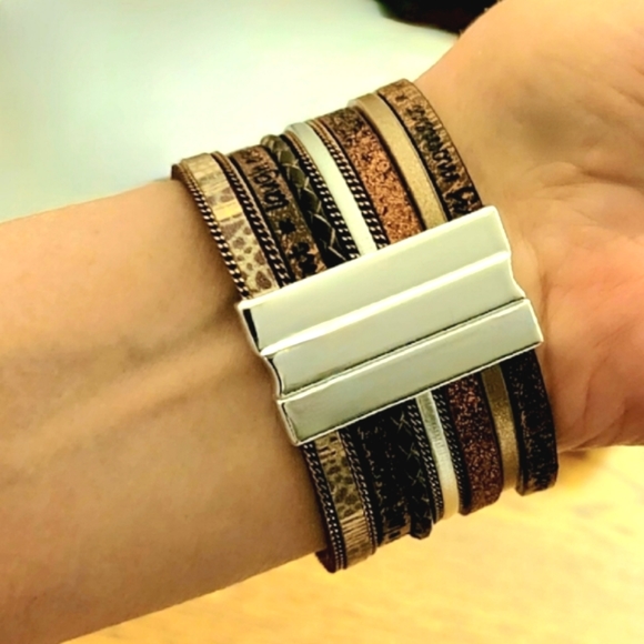 Tree of Life Stacked Bracelet Brown Faux Pearls Silver Magnetic Clasp - Picture 6 of 9